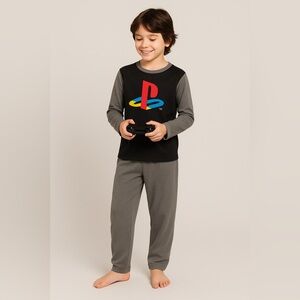 PlayStation Pajama Set L (10/12) Gray Black Fleece Flame Resistant Sleepwear